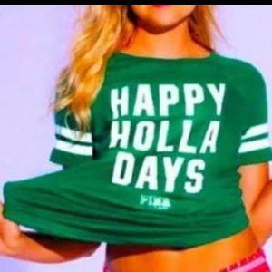 Victoria Secret Pink 2015 HAPPY HOLLA DAYS Gold Shine Logo T Shirt Size XS